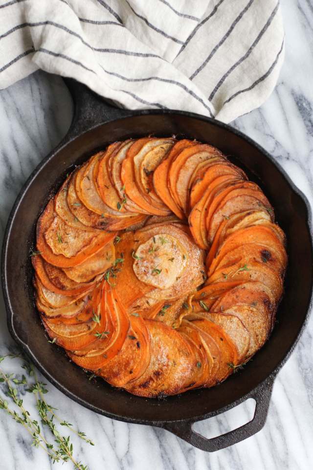 herb roasted sweet potato and turnip skillet