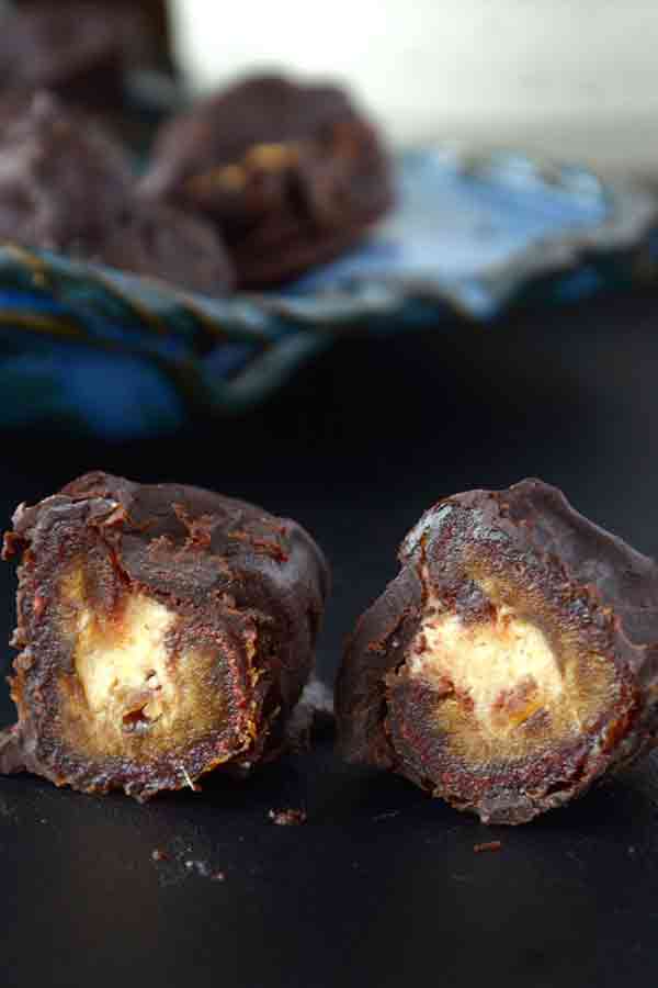 Dark Chocolate Covered Peanut Butter Mousse Stuffed Dates