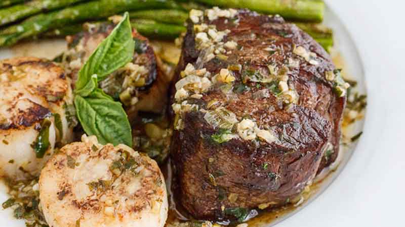 scampi style steak & scallops with roasted asparagus